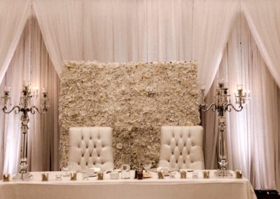 White Champagne Flower Walls Backdrop Rental